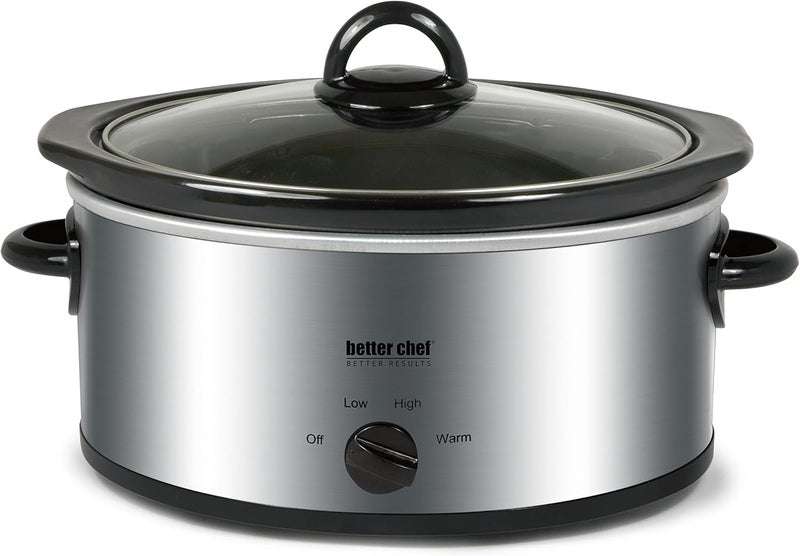 Better Chef Oval Slow Cooker | 3-Quart | 3-Tempature Settings | Side Handles | Glass Lid | Enamel Stoneware Insert (Stainless-Steel) - Image 1